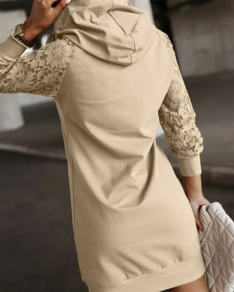 Robe À Capuche Dentelle Incrustation Décontractée