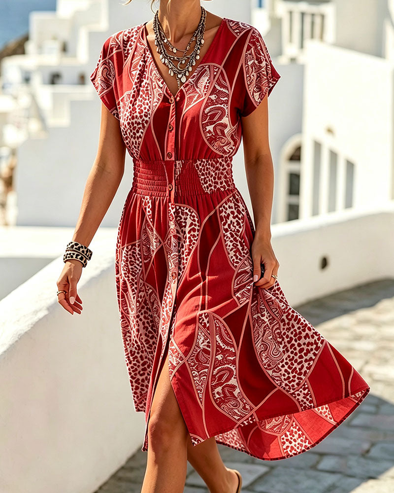 Robe Léopard Imprimé Col V Bouton Taille