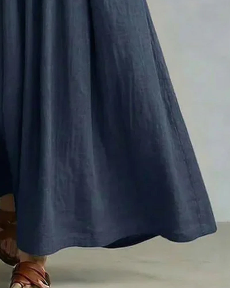 Robe Plissée Col En V Demi-Patte Coupe A Longue