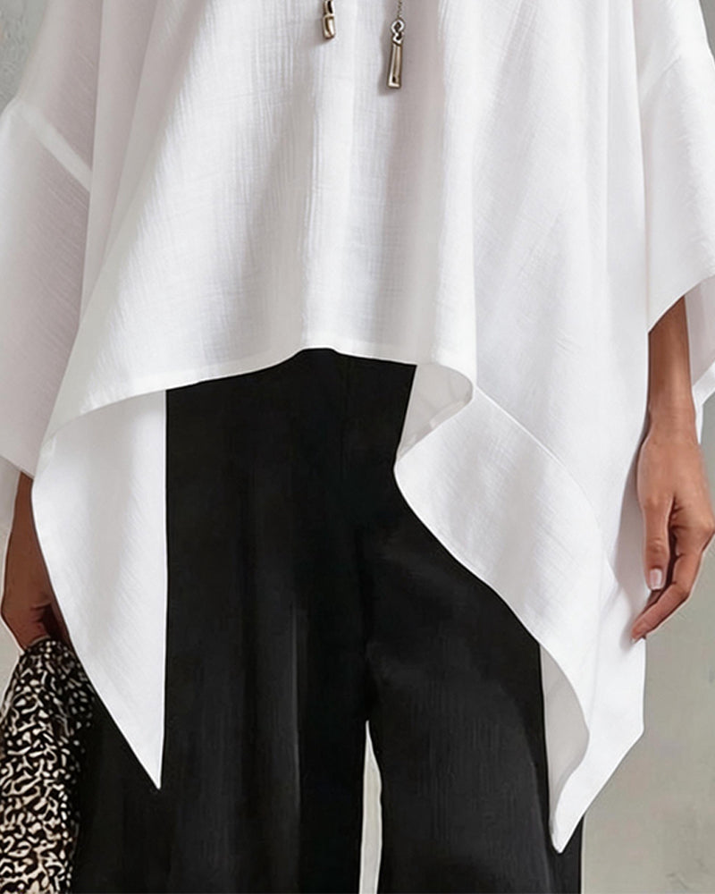 Blouse Col En V Irrégulier Manches Chauve-Souris Lâche