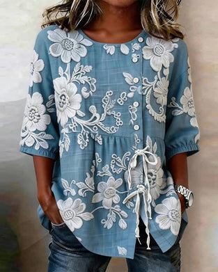 Blouse À Imprimé Floral Avec Laçage Et Demi-Patte De Boutonnage