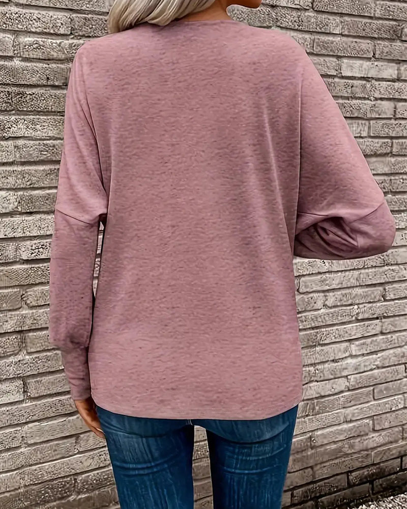 T-Shirt Col Mock Uni Bouton Manche Longue