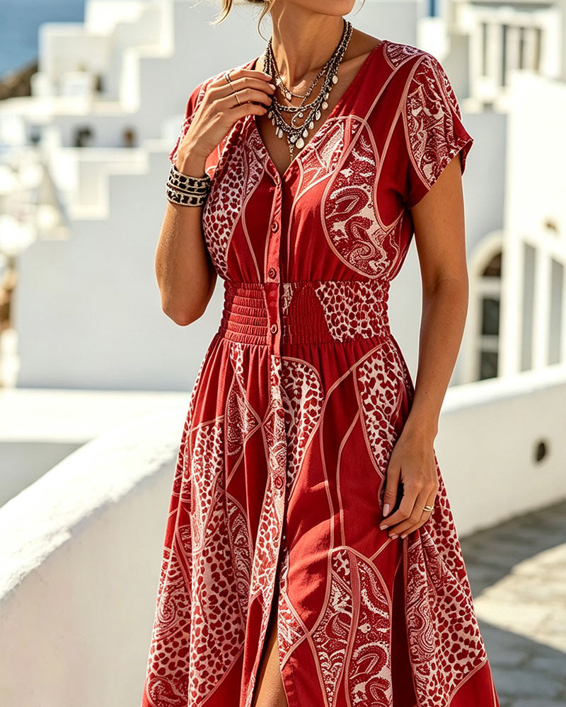 Robe Léopard Imprimé Col V Bouton Taille