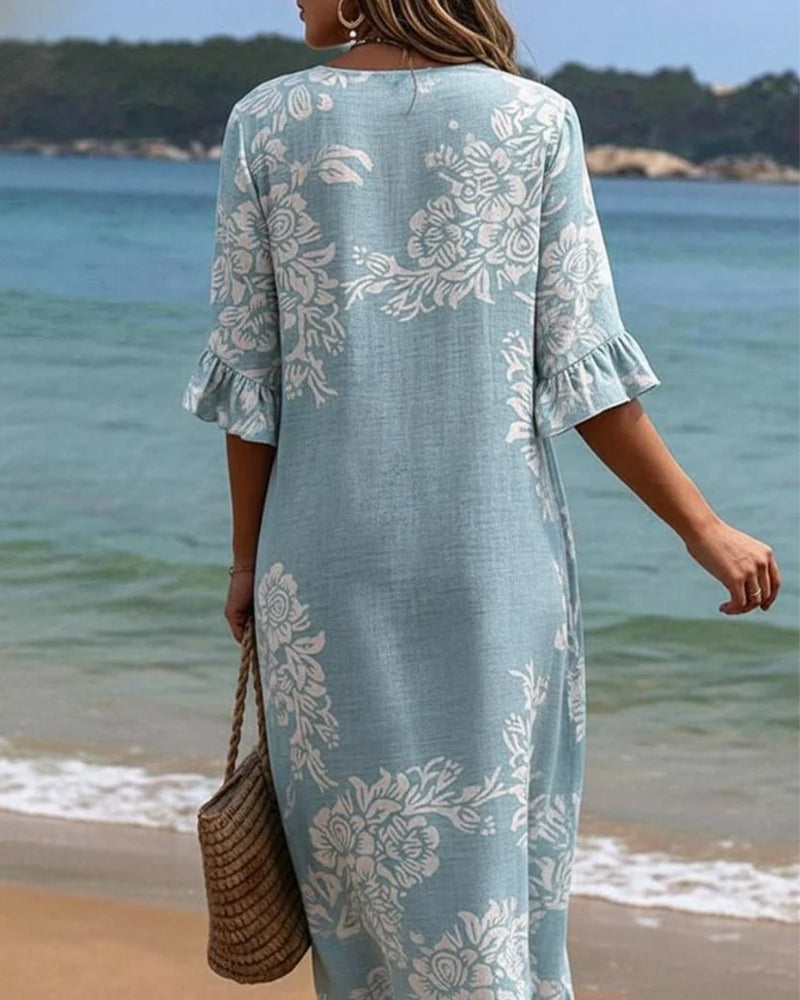 Robes Floral Imprimé Trois-Bouton Longue