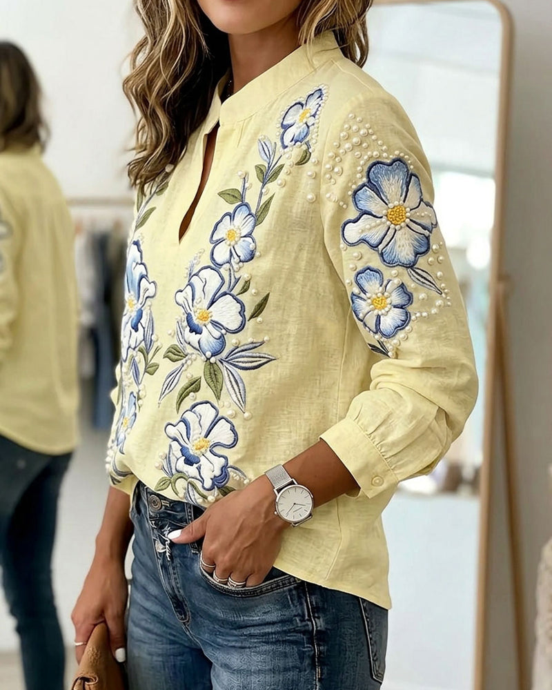 Blouse Col Mandarin Manches Longues Imprimée