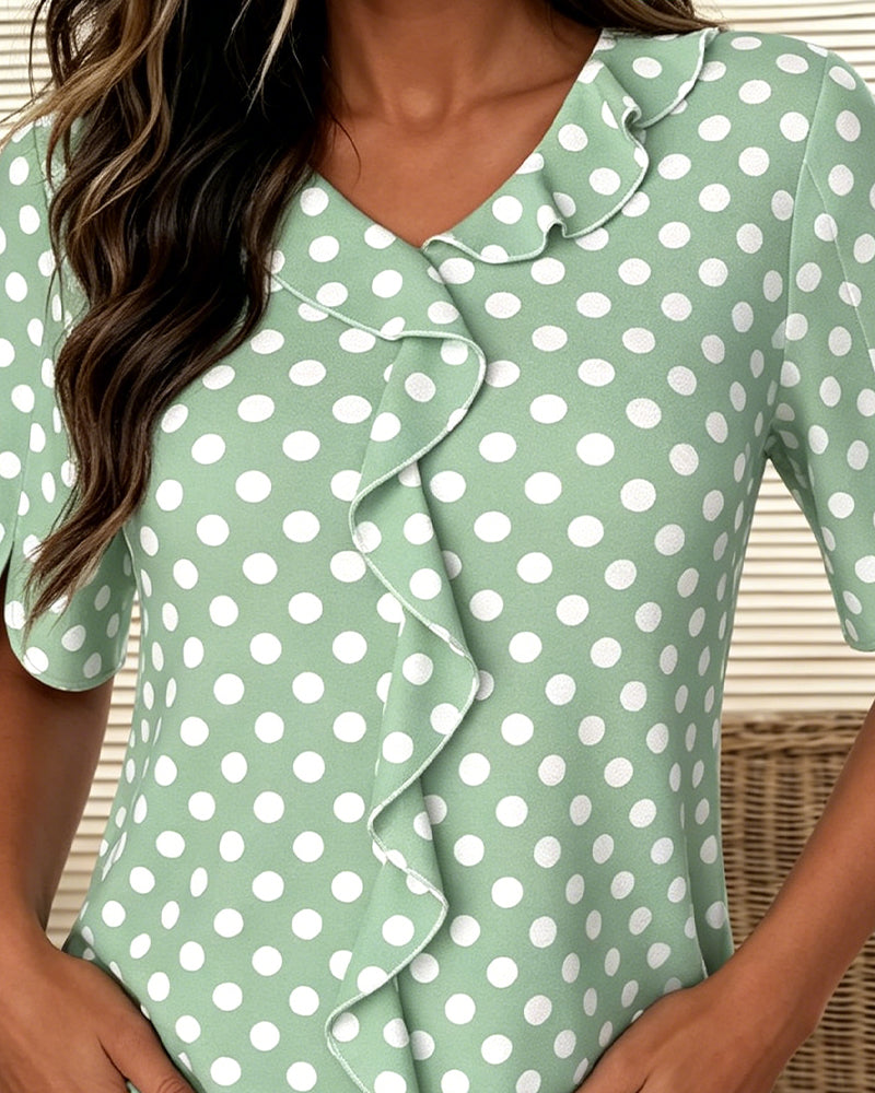 Blouse À Pois Volant Col En V