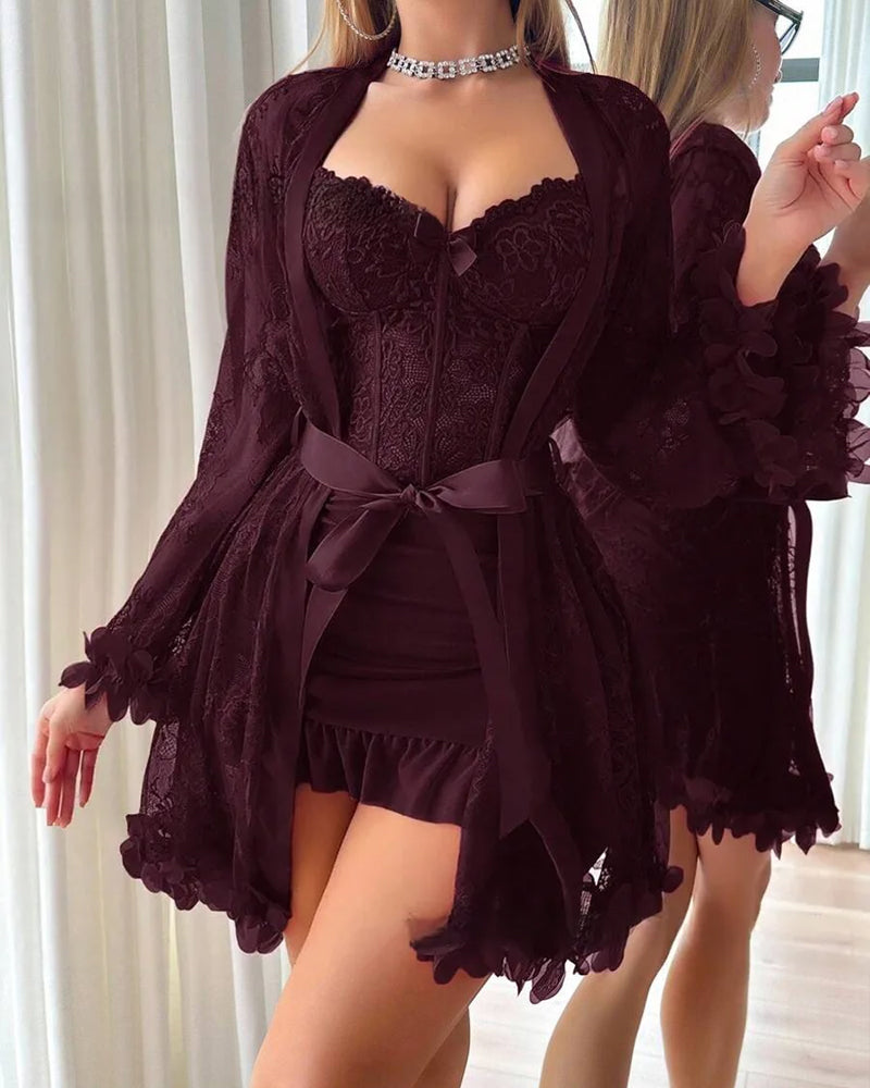 Robe Dentelle Cache-Cœur Bretelles Spaghetti Bordure Dentelle Pyjama