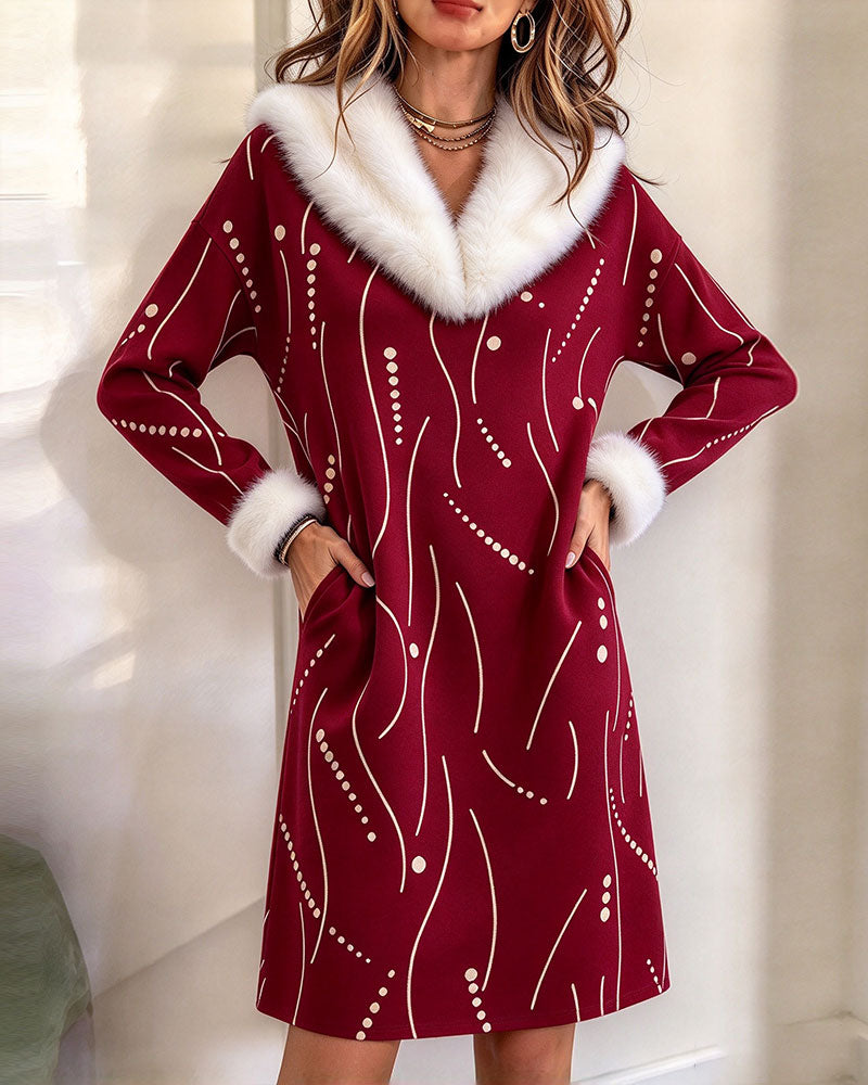 Robe Col Duveuteux Motif Mi-Longue