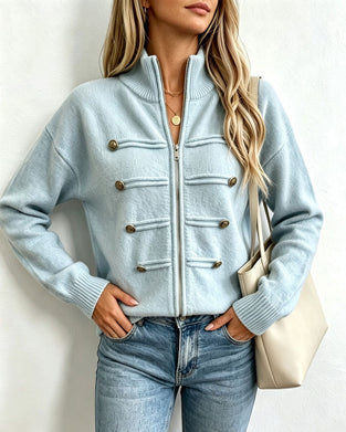 Cardigan Col Mandarin Mode Fermeture Éclair Tricoté