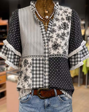Blouse Col Mandarine Polka Dot Carreau