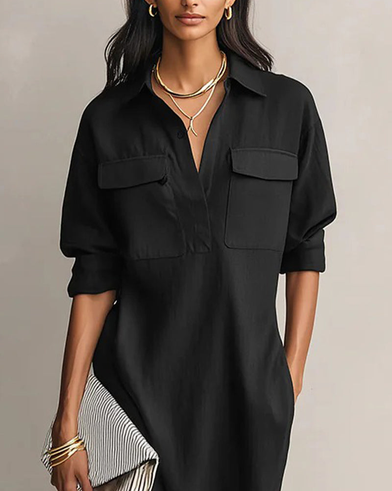 Robe Unie Col Revers Décontractée