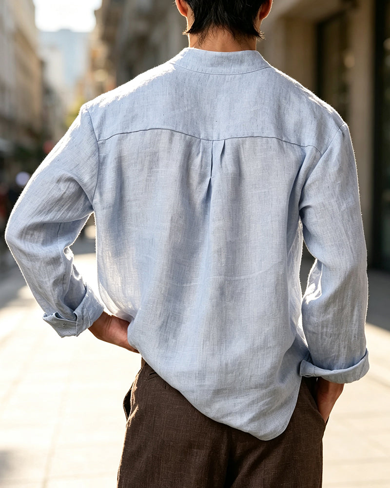 Chemise Homme Col V Col Monté Manches Longues Décontractée