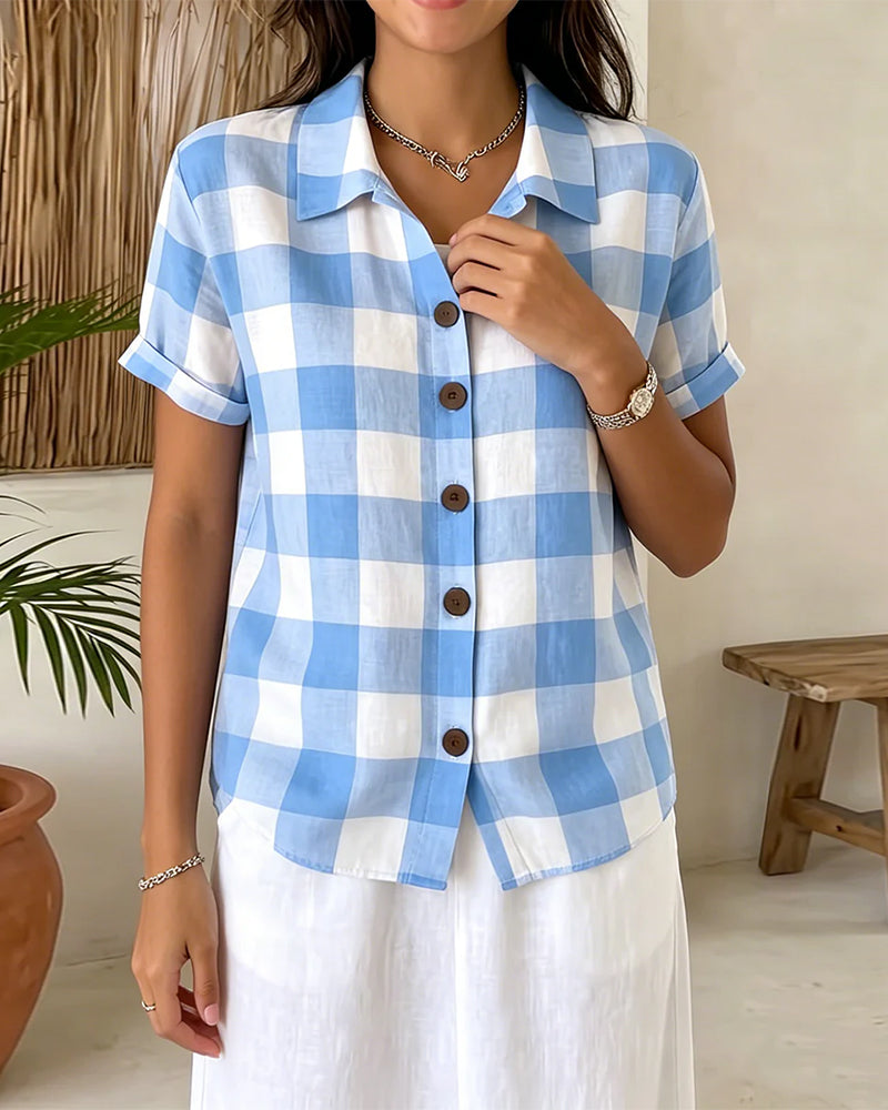 Chemise Bleu Blanc Grand Plaid Revers