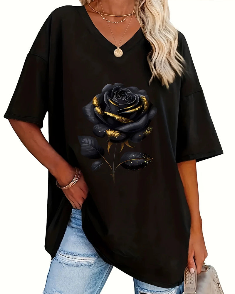 T-Shirt Imprimé Rose Coupe Ample Demi-Manches