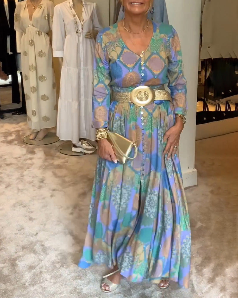 Robe à manches longues fendue boutonnée imprimée vintage