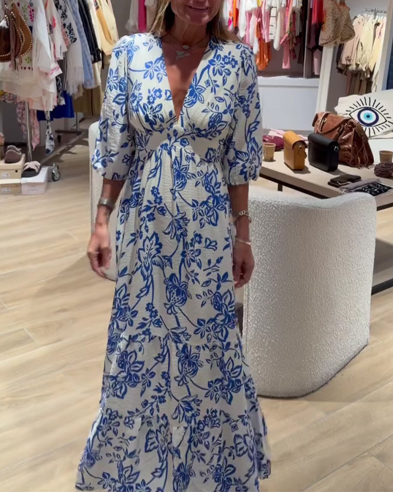 Robe Décolleté Profond En V Élégant Floral Longue