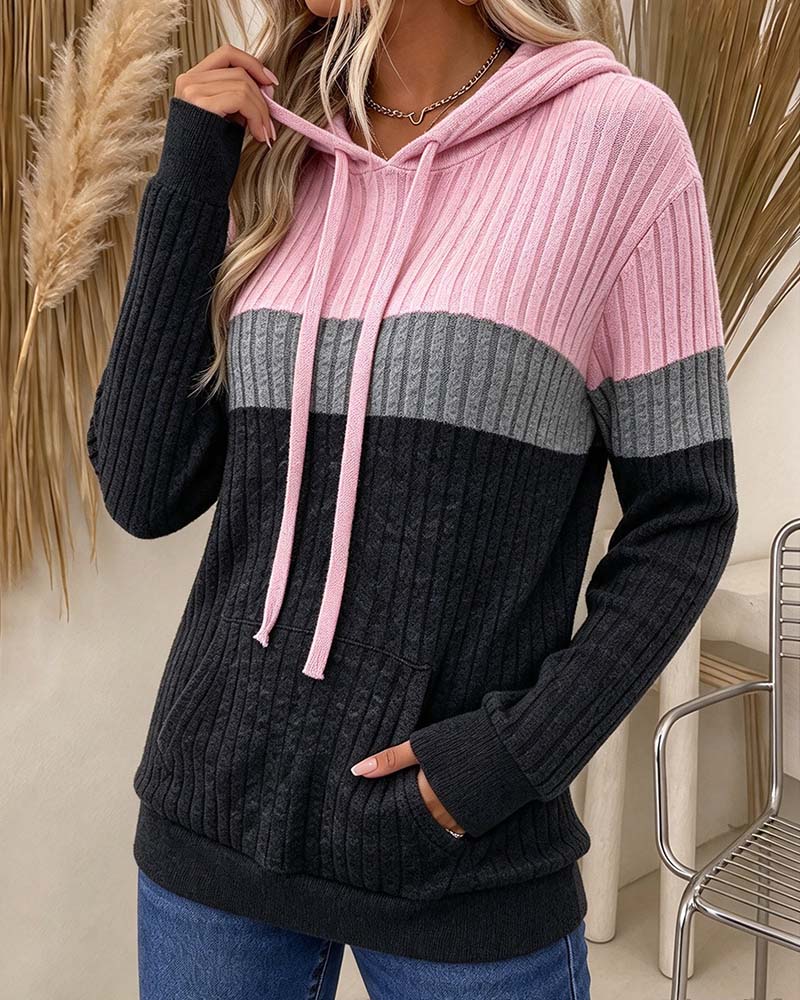 Hoodie Capuche Côtelé Contraste Poche