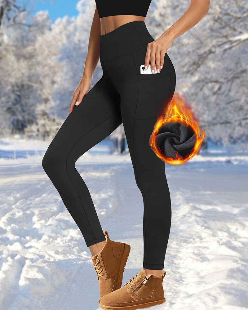 Femme Taille Haute Doublé Polaire Leggings Avec Poches