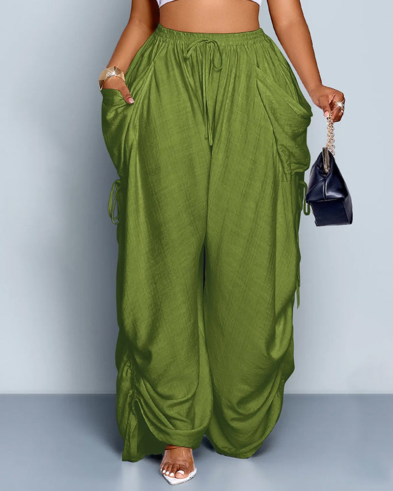 Pantalon Uni Plissé Taille Haute Large