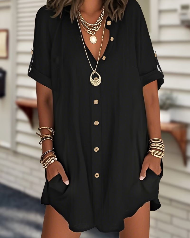 Robe Boutonnée Manches Courtes Chemise Décontractée