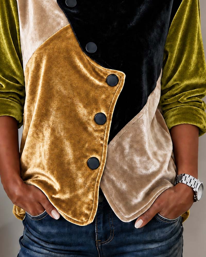 Manteau Blocs De Couleurs Velours Bouton Diagonal