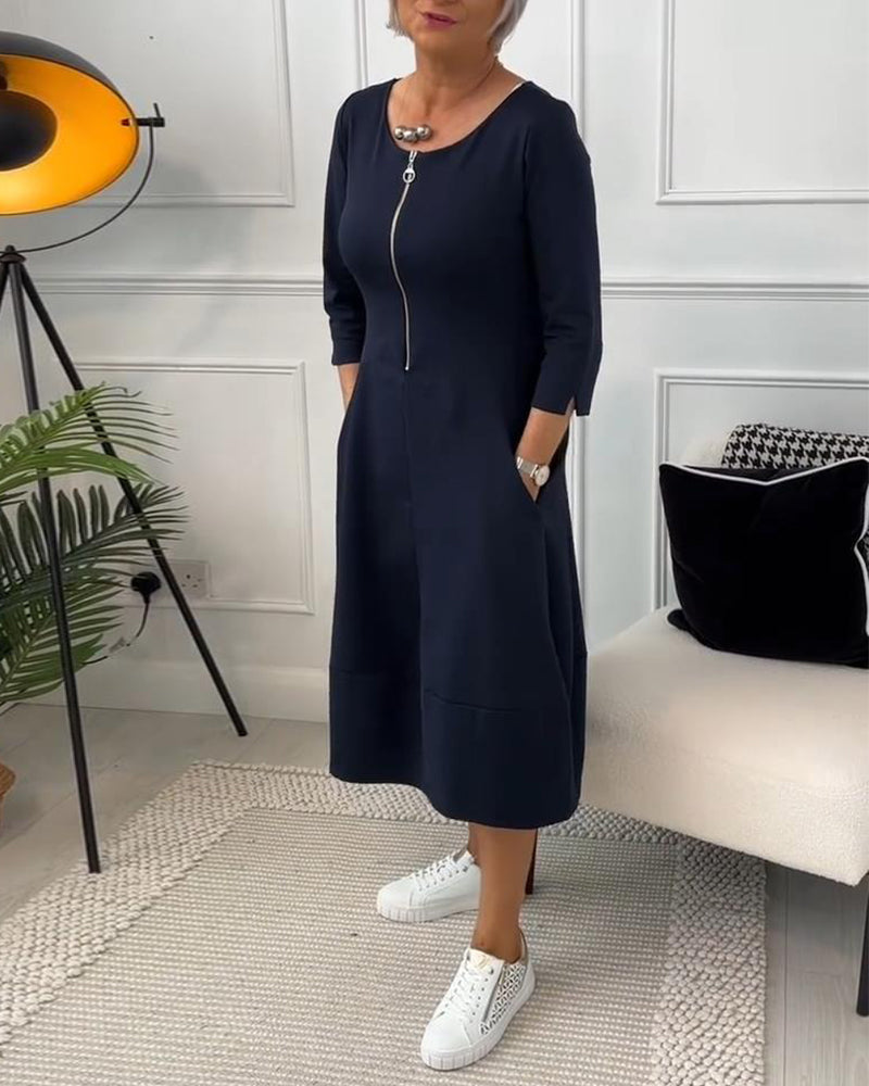 Robe décontractée de couleur unie avec poche zippée et col ras du cou