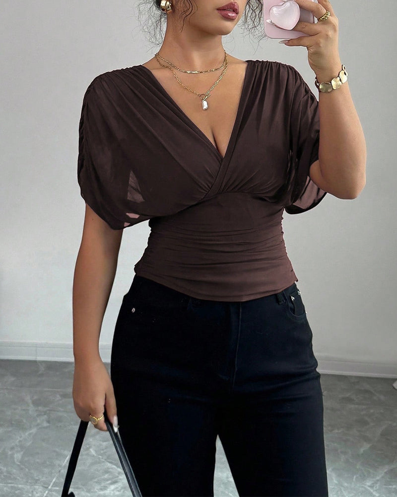 Blouse Unie Profond Col En V Taille Manches Courtes