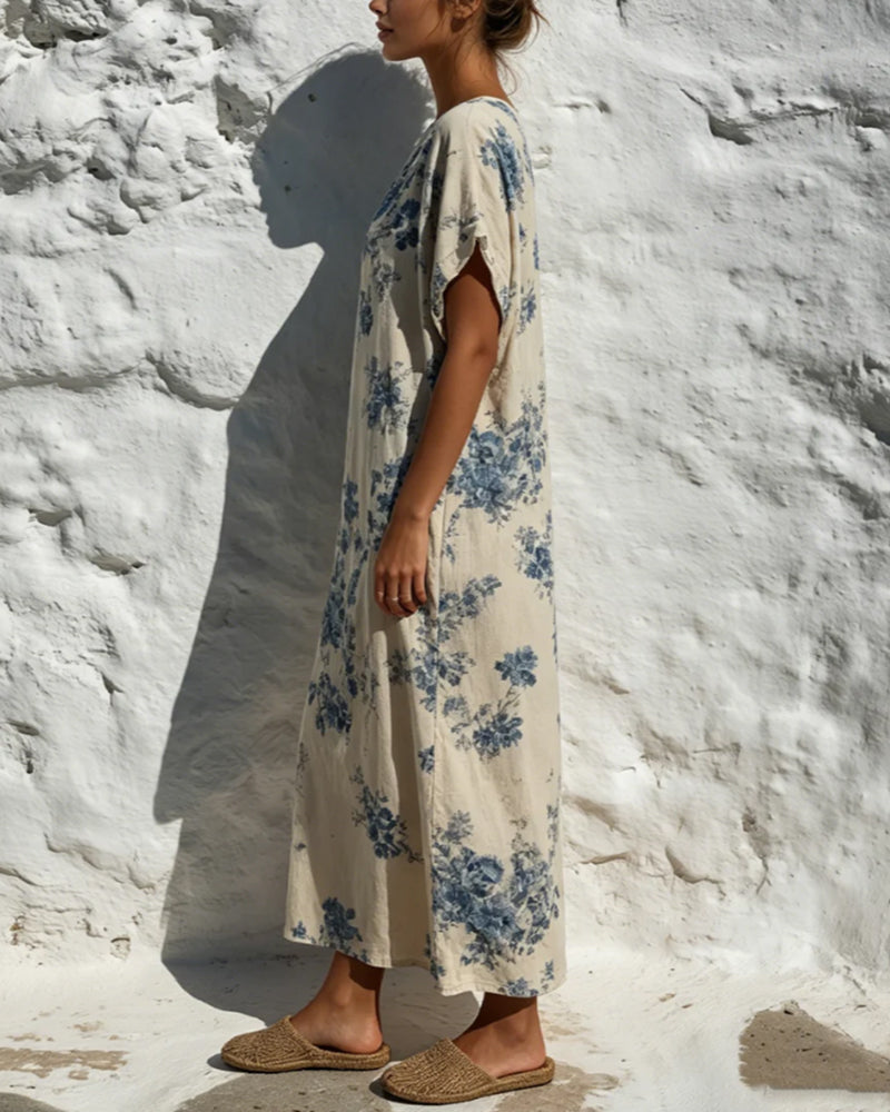 Robe Col Rond Vintage Bleu Floral
