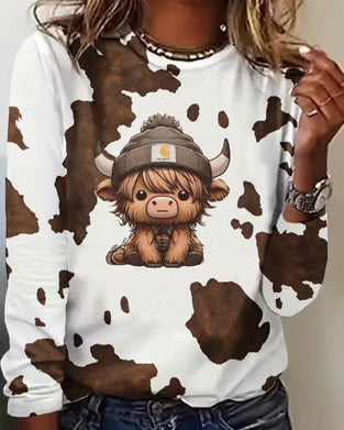 Haut Imprimé Animal Col Rond Manches Longues