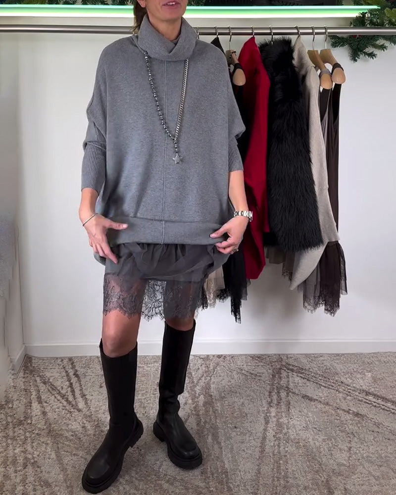 Robe Costume en Dentelle Maille avec Bretelles Col Haut Manches Chauve-Souris