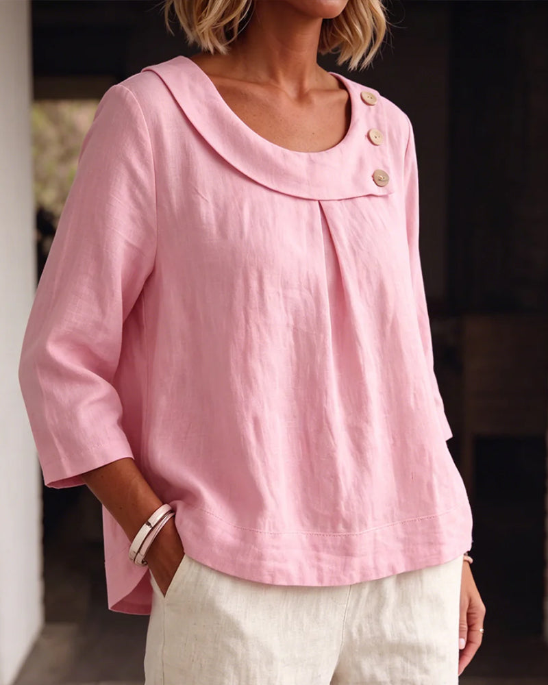 Blouse Ourlet Roulé Col Rond Bouton Lâche