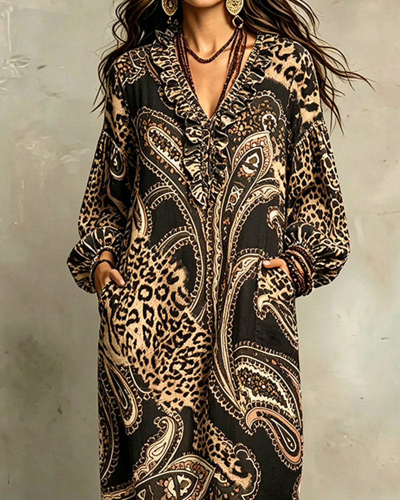Robe Col V Volant Manche Ballon Poche