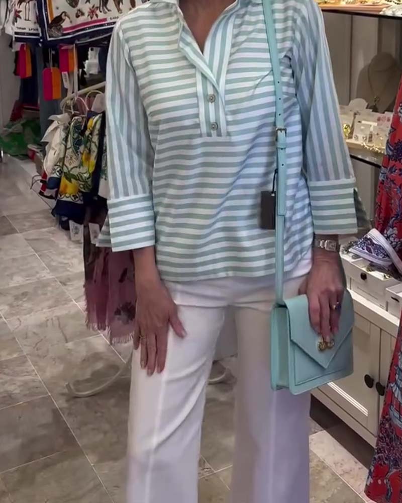 Blouse Rayée Revers Manche Trois Quarts