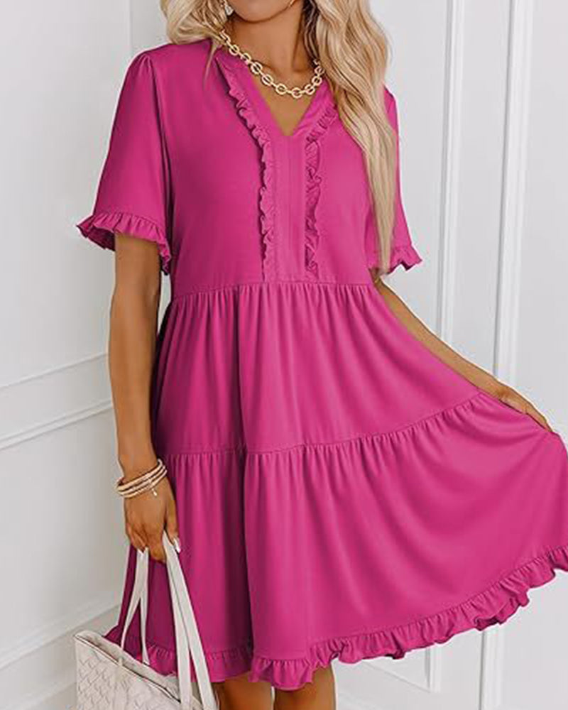Robe Bordure Volantée Col En V Ourlet Superposé