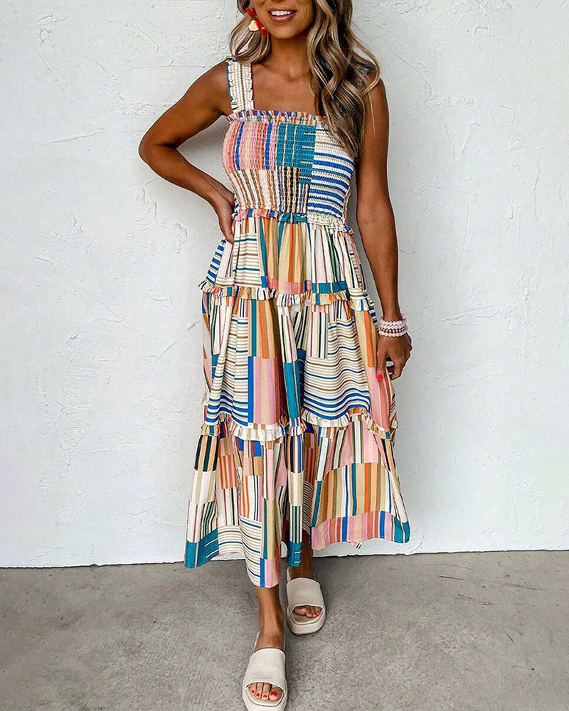 Robe Bretelles Rayée Bloc De Couleur Superposée
