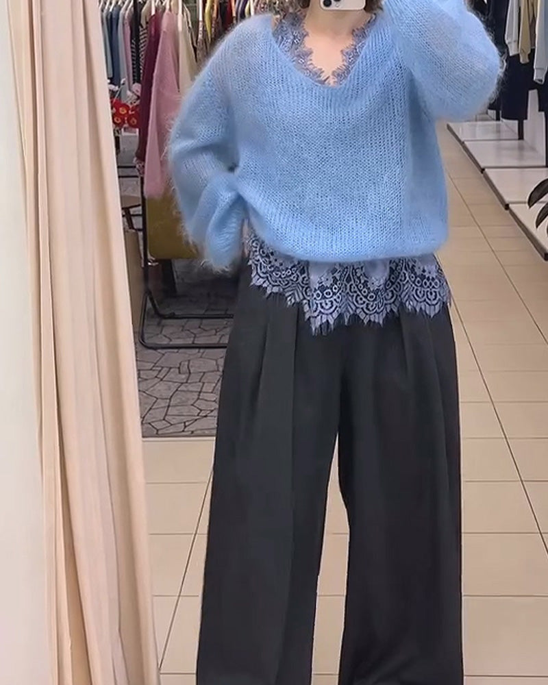 Pullover Col V Uni Patchwork