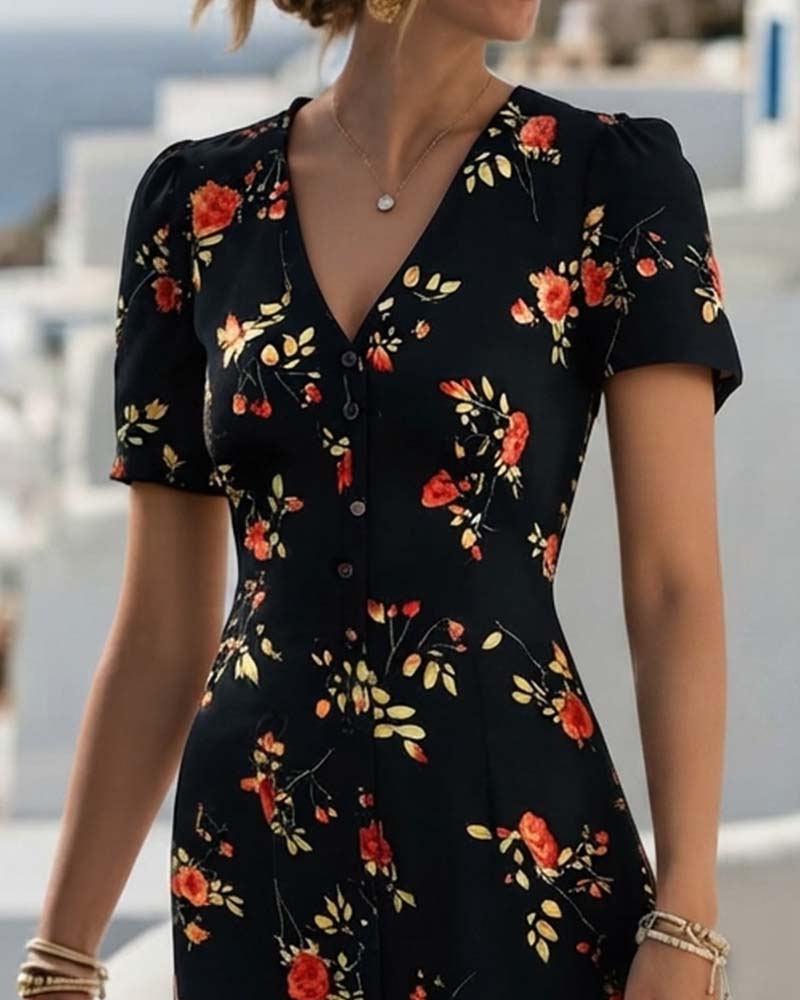 Robe Corolle À Col V Imprimé Floral Avec Une Fente