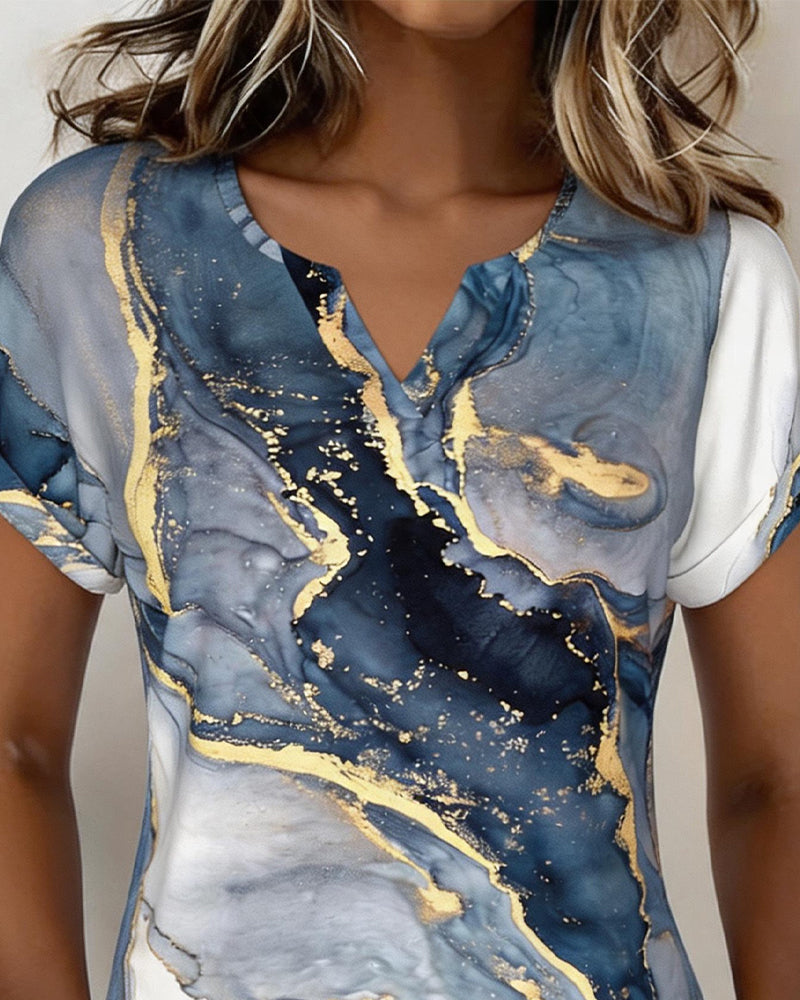 T-Shirt Imprimé Marbre Col En V