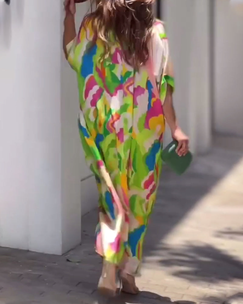 Robe décontractée à manches mi-longues et revers imprimés