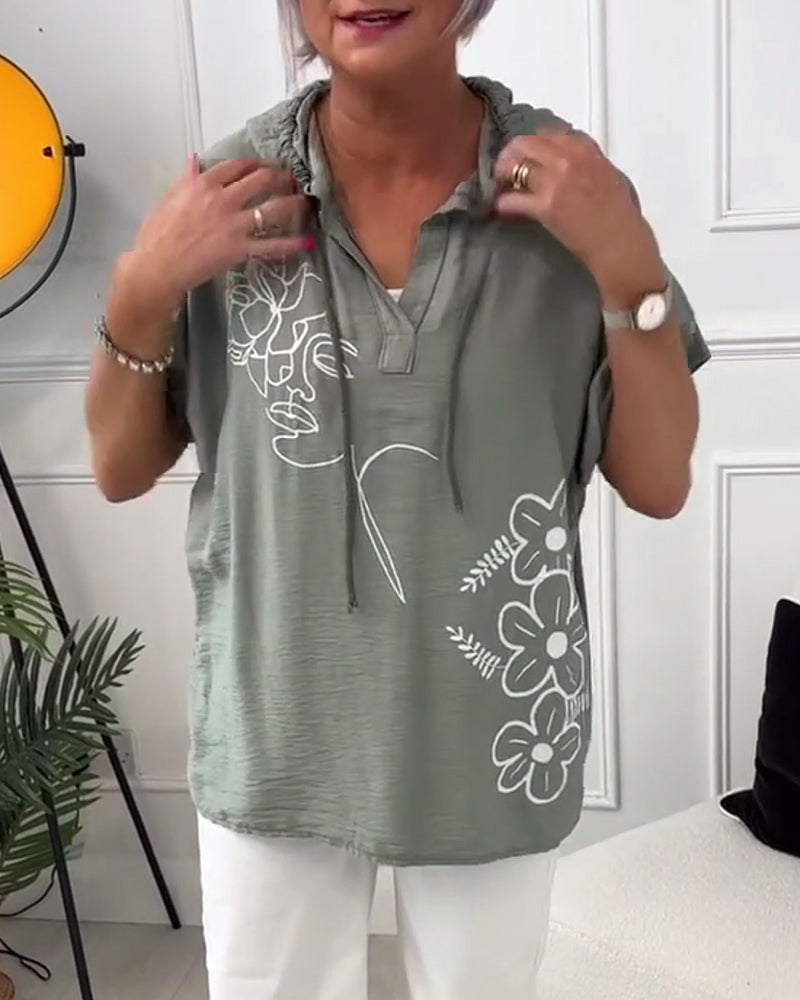 Blouse décontractée à capuche et manches courtes à imprimé floral