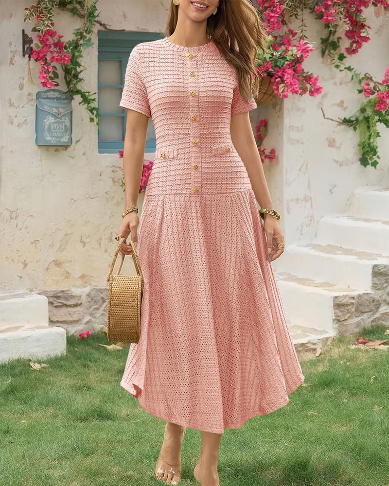 Robe Col Rond Ajustée Bouton Patchwork