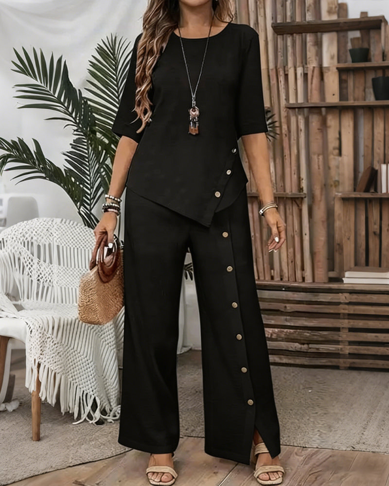 Ensemble Top Irrégulier Orné De Boutons Et Pantalon