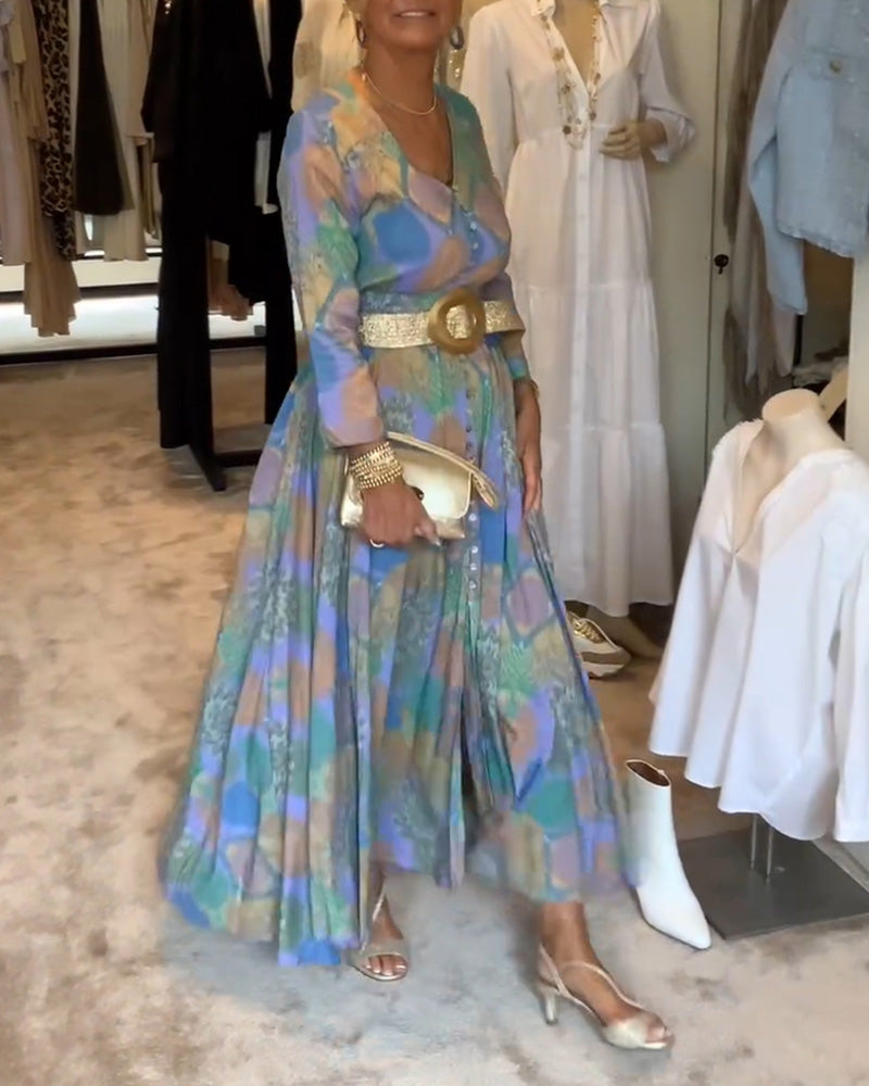 Robe à manches longues fendue boutonnée imprimée vintage