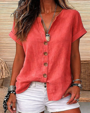 Chemise Encolure V À Un Rang Manche Courte