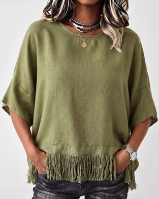 Blouse Col Rond Frange Manche Coude Unie