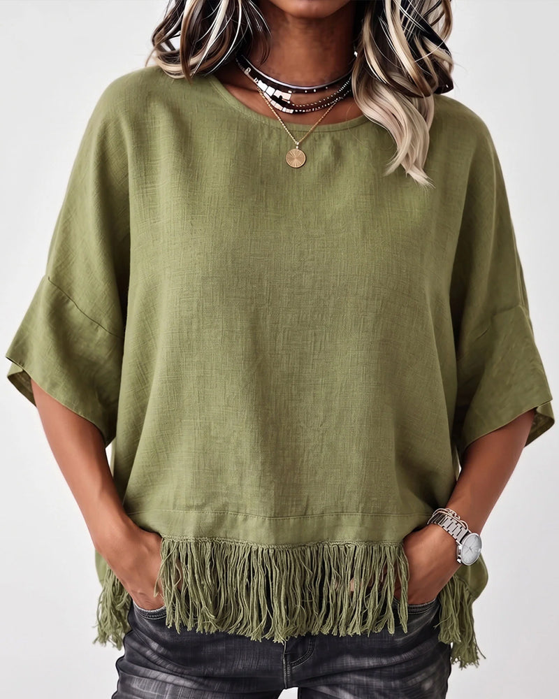 Blouse Col Rond Frange Manche Coude Unie