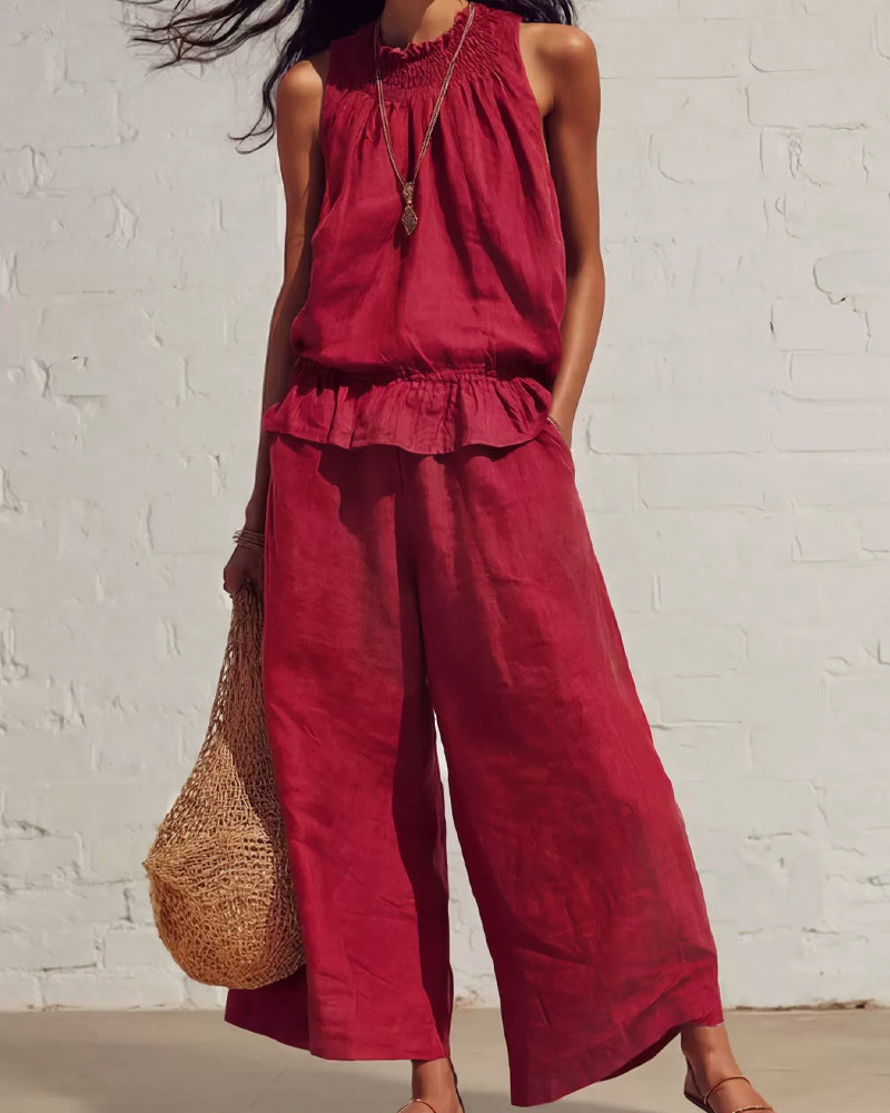 Ensemble Sans Manches Volant Pantalon Large