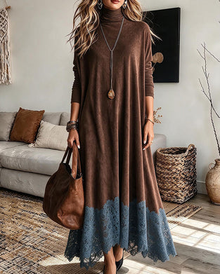 Robe Col Haut Loose Ourlet A Dentelle