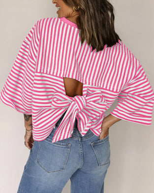 T-Shirt Col Rond Dos Creux Nœud Rayé