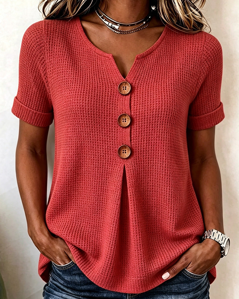 T-Shirt Petit Col V Gaufre Uni